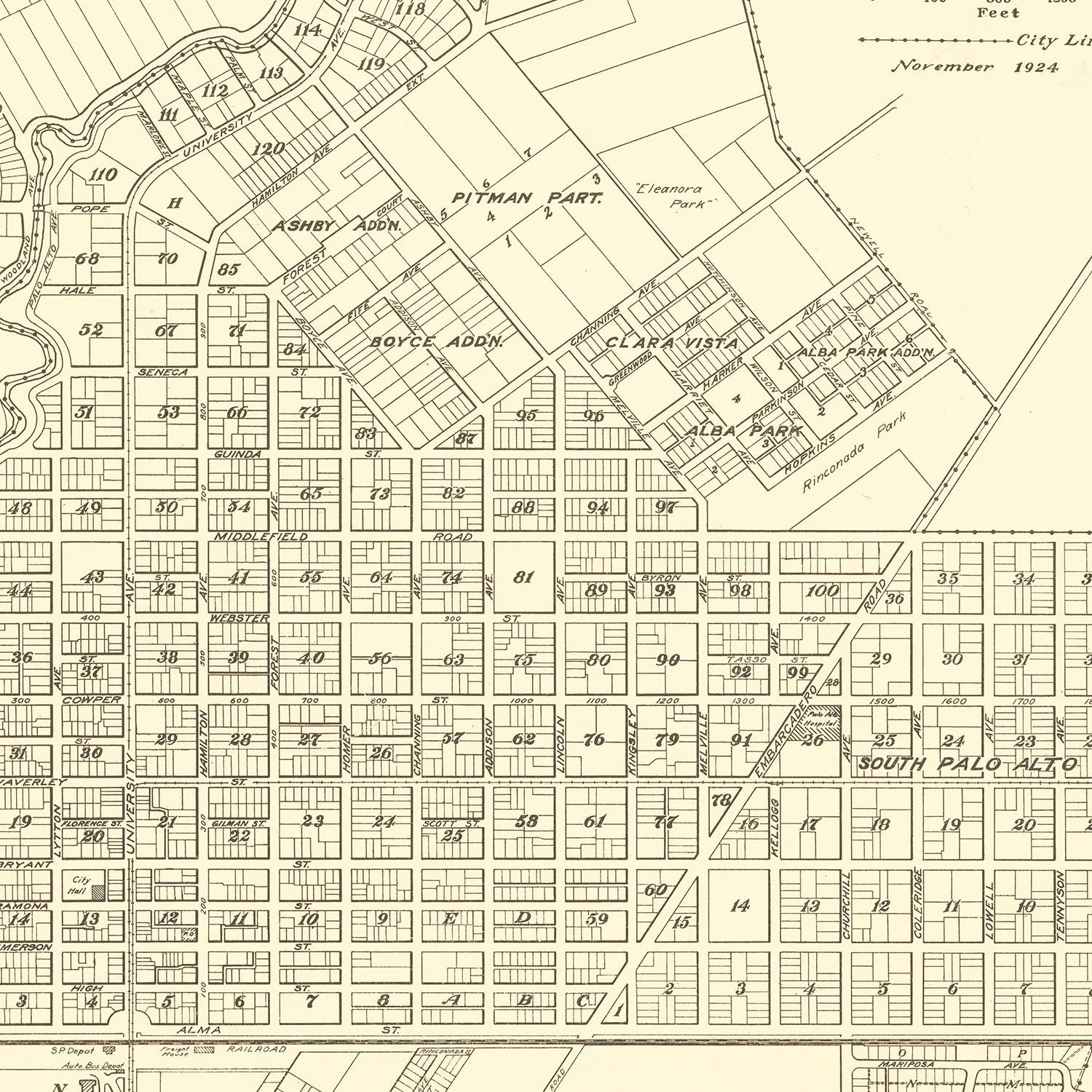 Vintage Map of Palo Alto, California 1924
