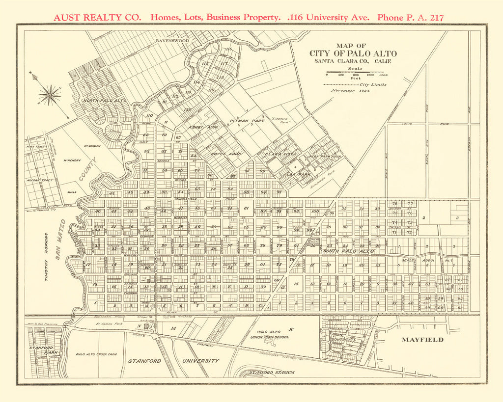 Vintage Map of Palo Alto, California 1924