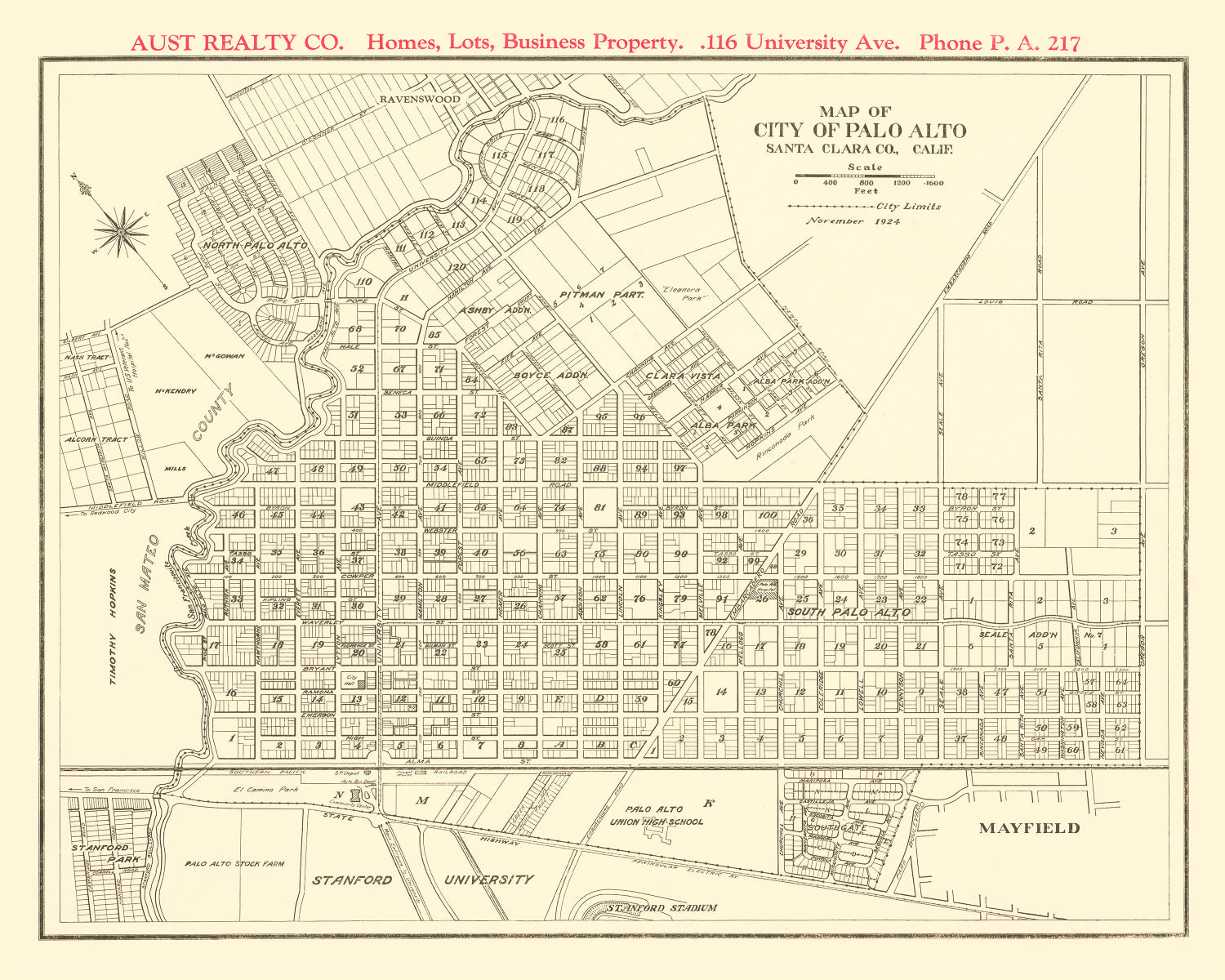 Vintage Map of Palo Alto, California 1924