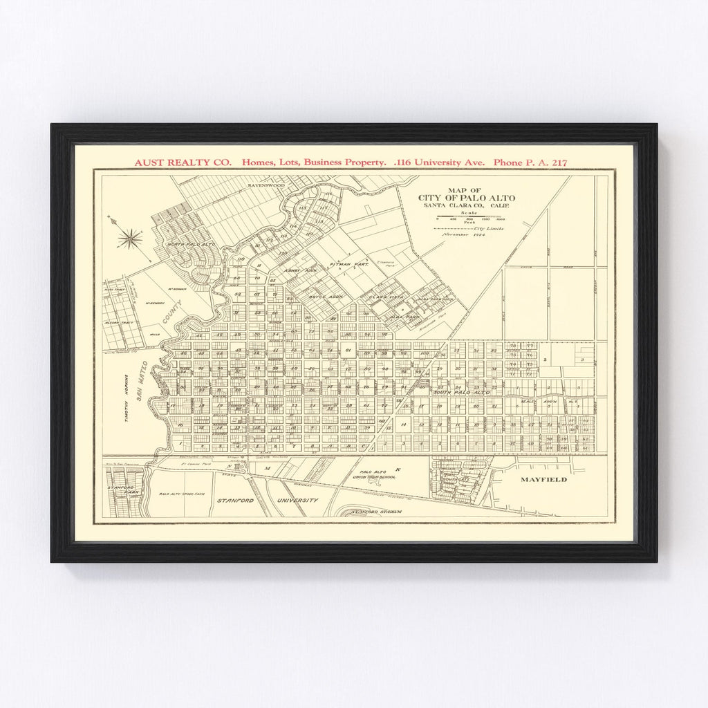 Vintage Map of Palo Alto, California 1924