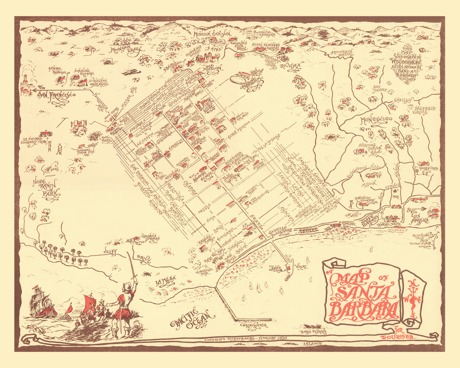 Vintage Map of Santa Barbara, California 1930