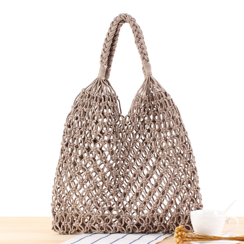 Solid Color One Shoulder Woven Bag Trendy Women Mori Straw Bag Degrees Handmade Cotton String Net Pocket Beach Bag