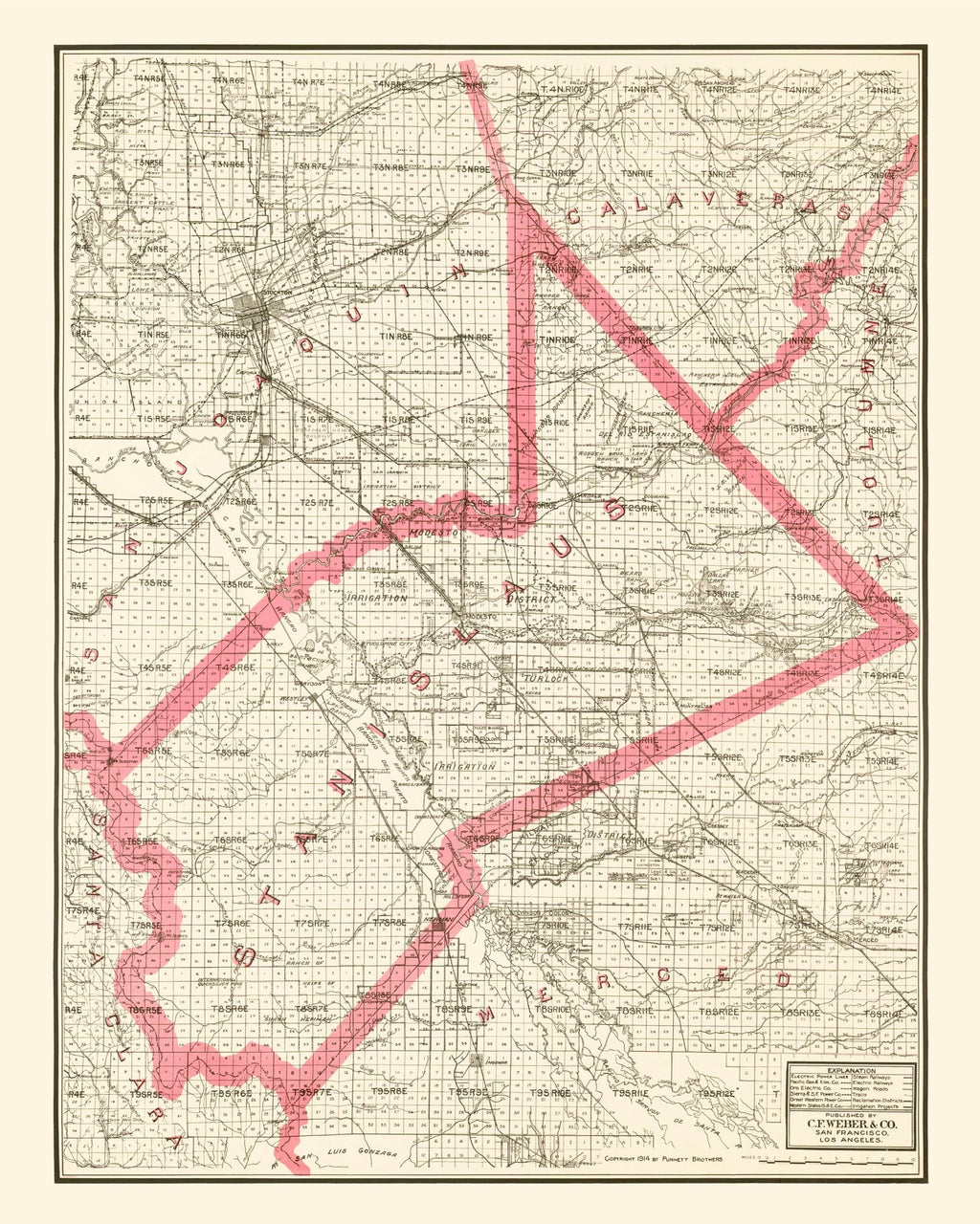 Vintage Map of Stanislaus County, California 1914