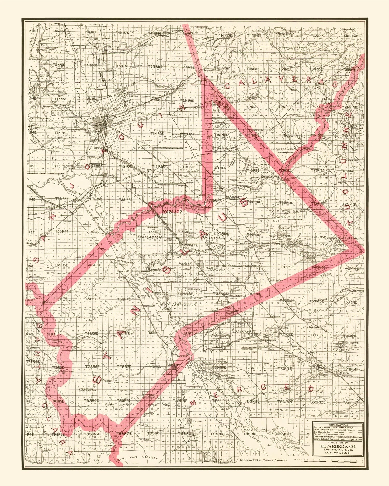 Vintage Map of Stanislaus County, California 1914