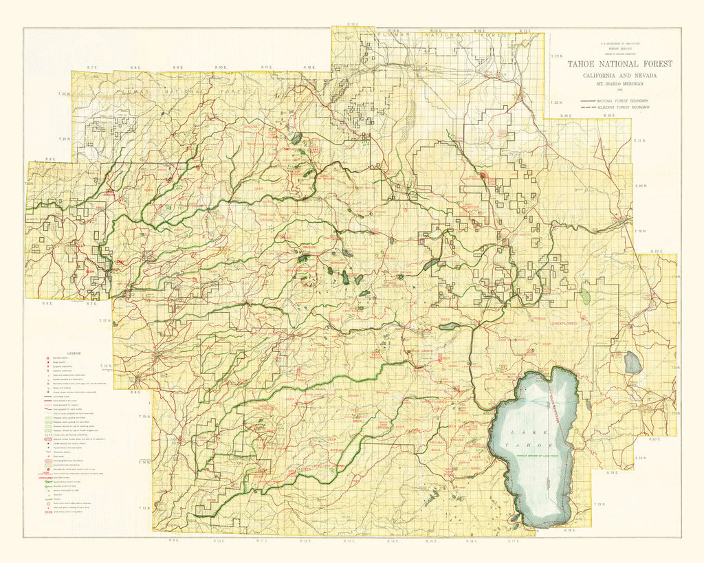Vintage Map of Tahoe National Forest 1916