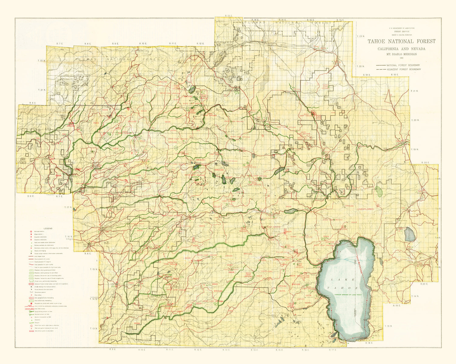Vintage Map of Tahoe National Forest 1916