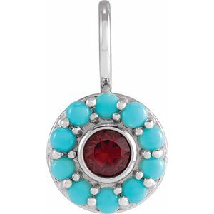 14K White Gold Natural Mozambique Garnet & Natural Turquoise Halo-Style Charm/Pendant