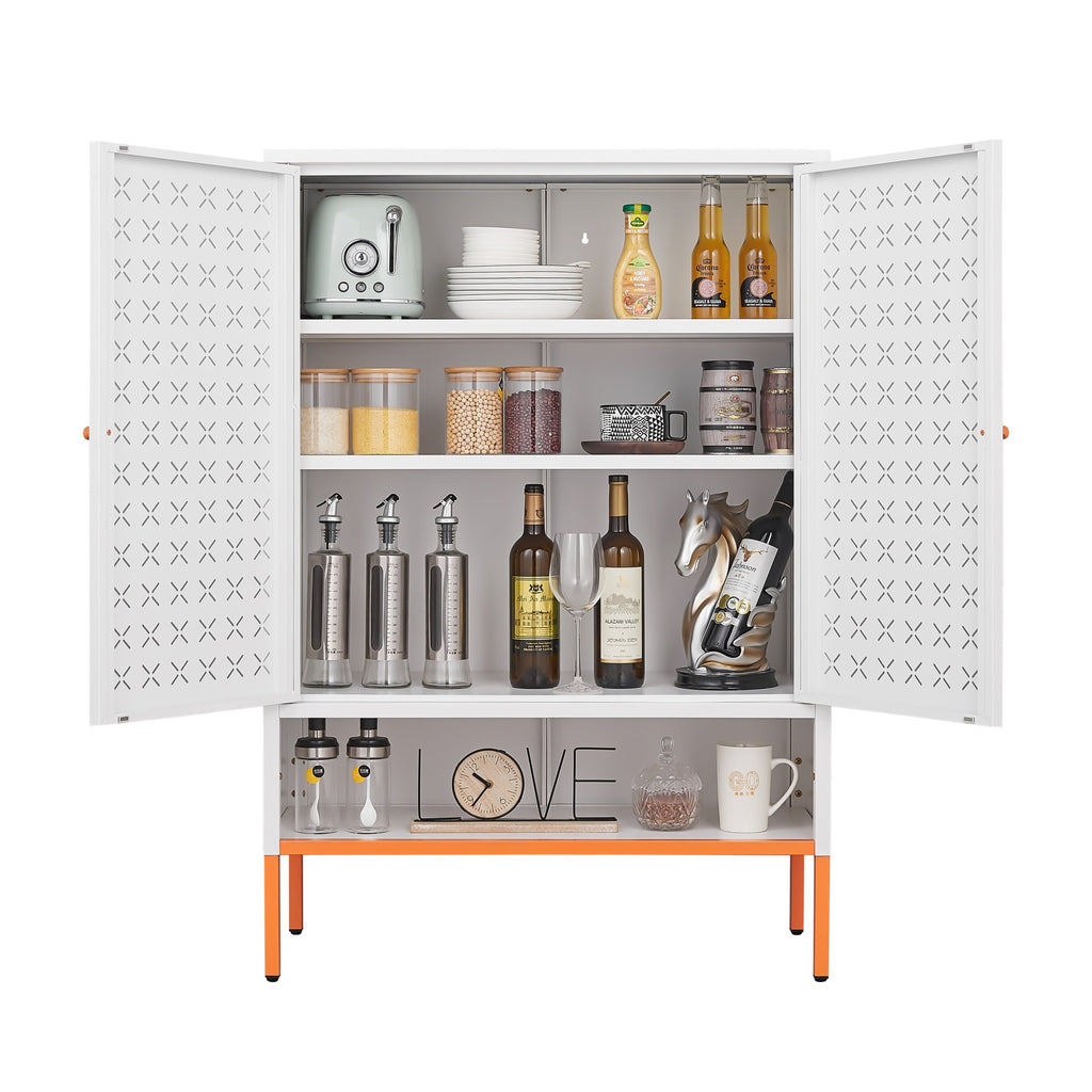 Grid Double Door Shoe Cabinet with Adjustable Compartments and Moisture-Proof Design in White Metal