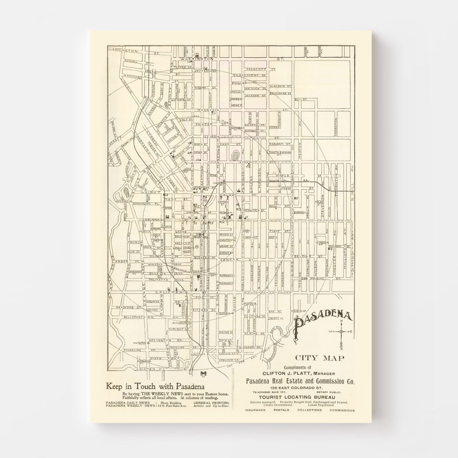 Vintage Map of Pasadena, California 1902