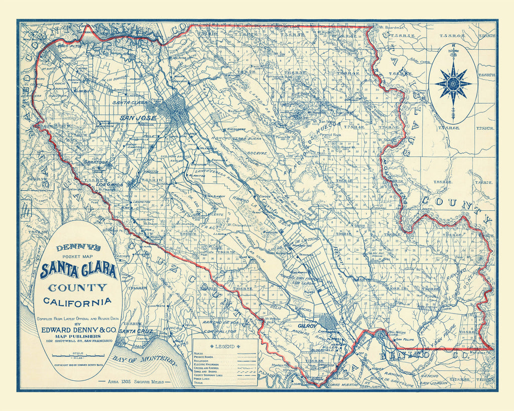 Vintage Map of Santa Clara County, California 1913