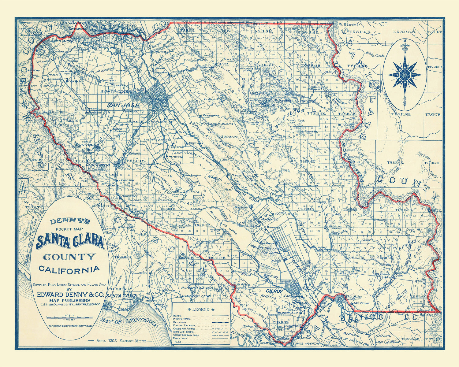 Vintage Map of Santa Clara County, California 1913