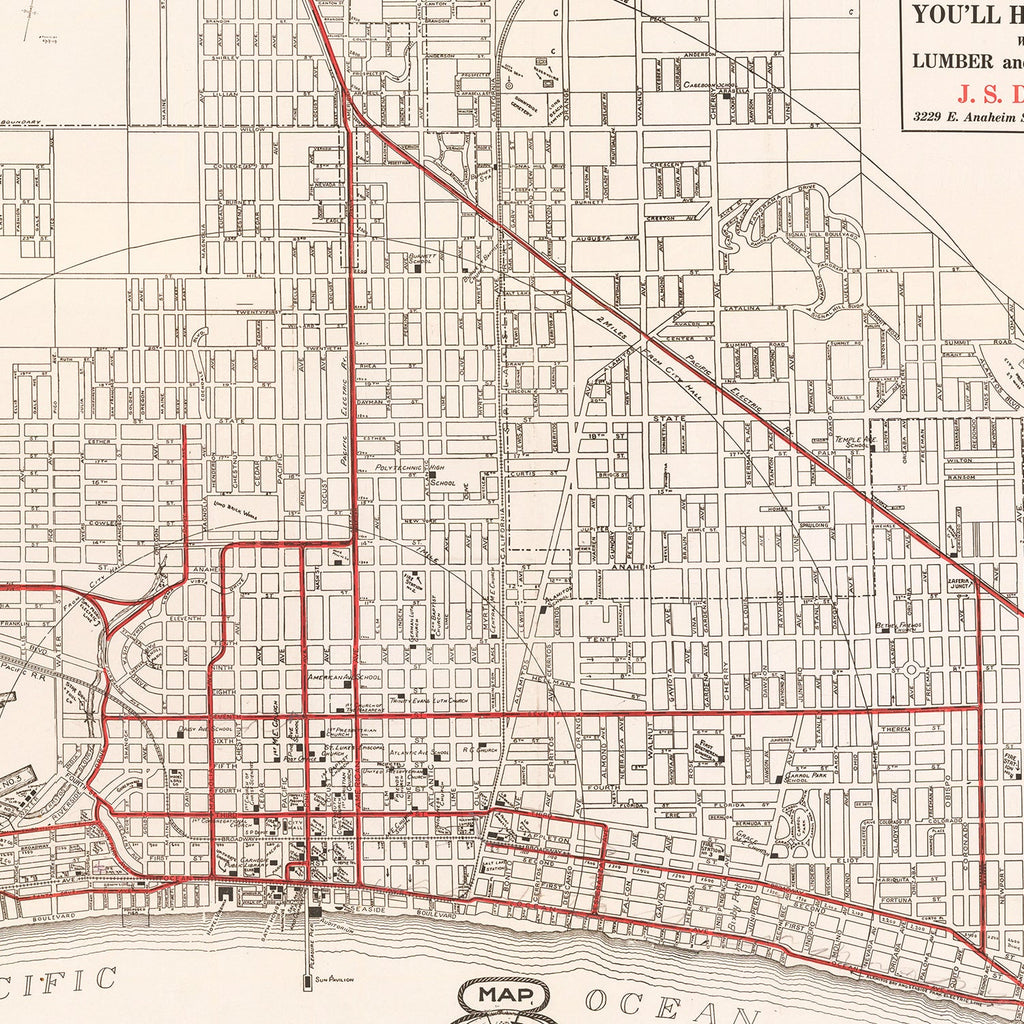 Vintage Map of Long Beach, California 1913