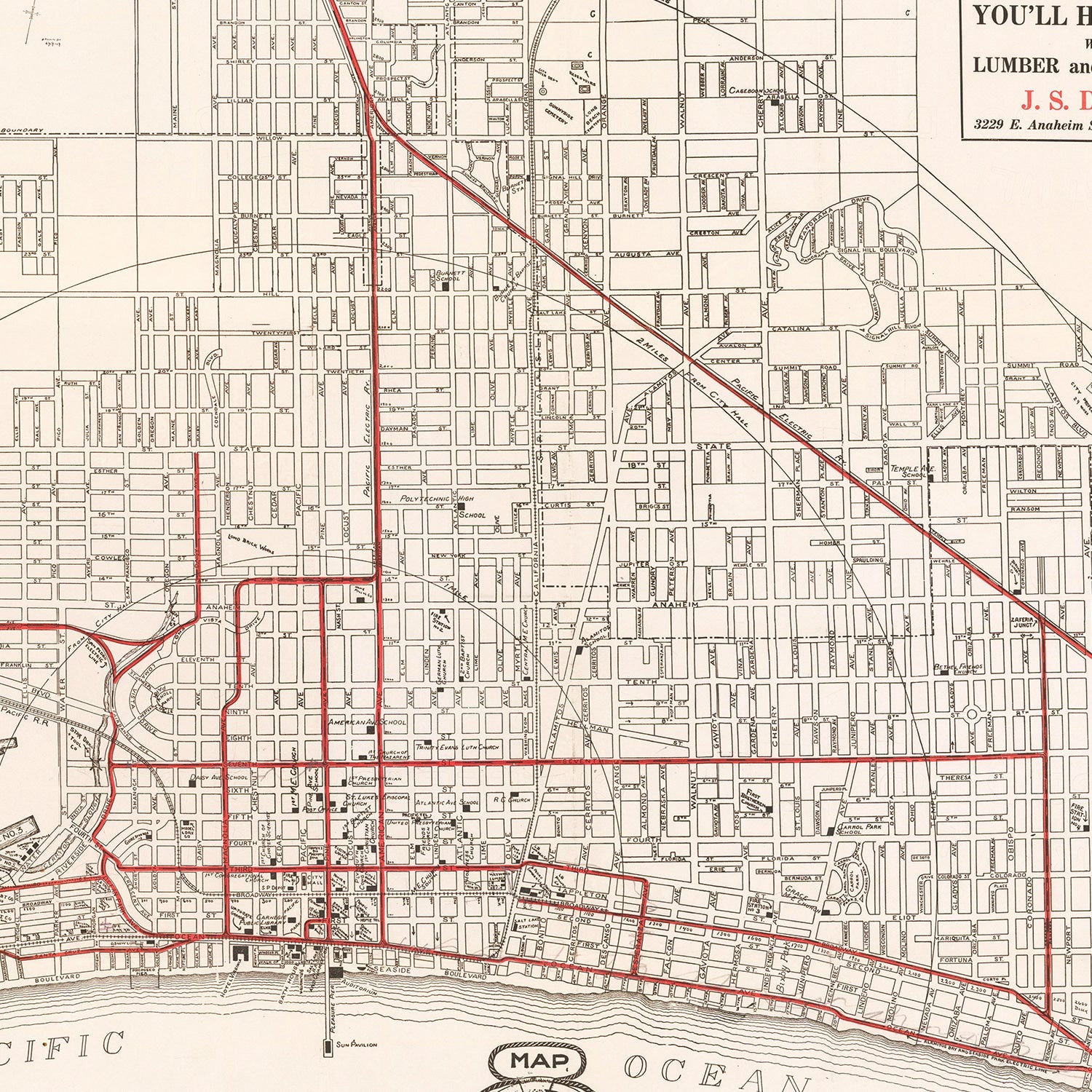 Vintage Map of Long Beach, California 1913
