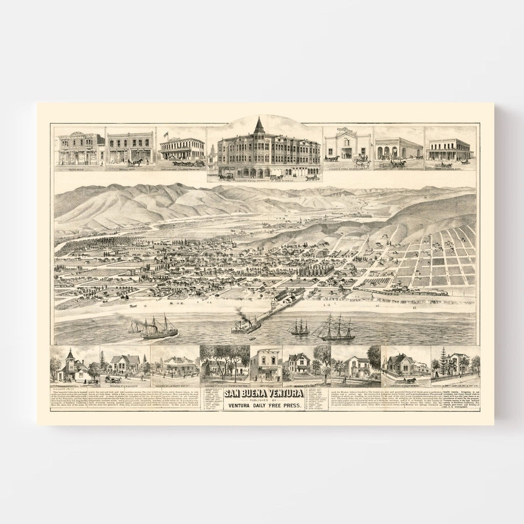 Vintage Map of San Buena Ventura, California 1884