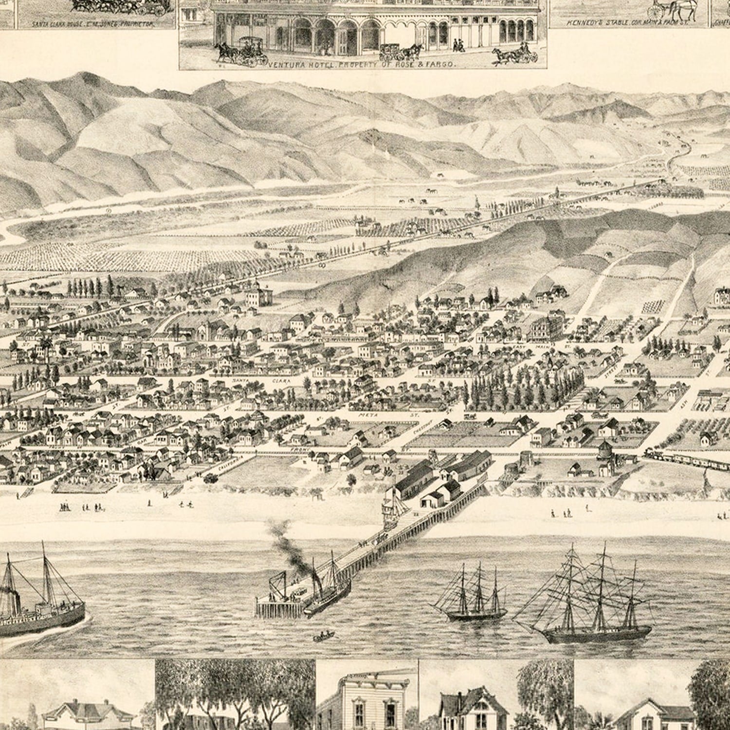 Vintage Map of San Buena Ventura, California 1884