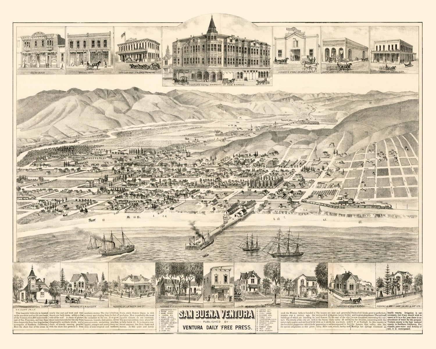 Vintage Map of San Buena Ventura, California 1884