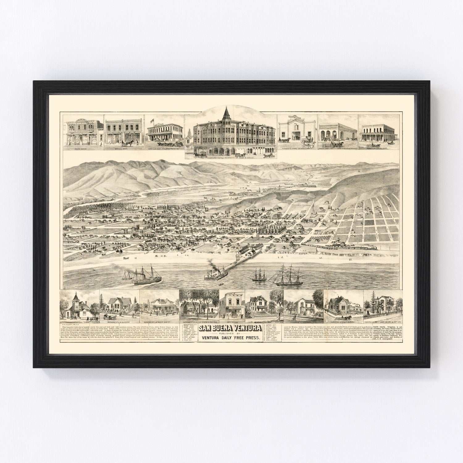 Vintage Map of San Buena Ventura, California 1884