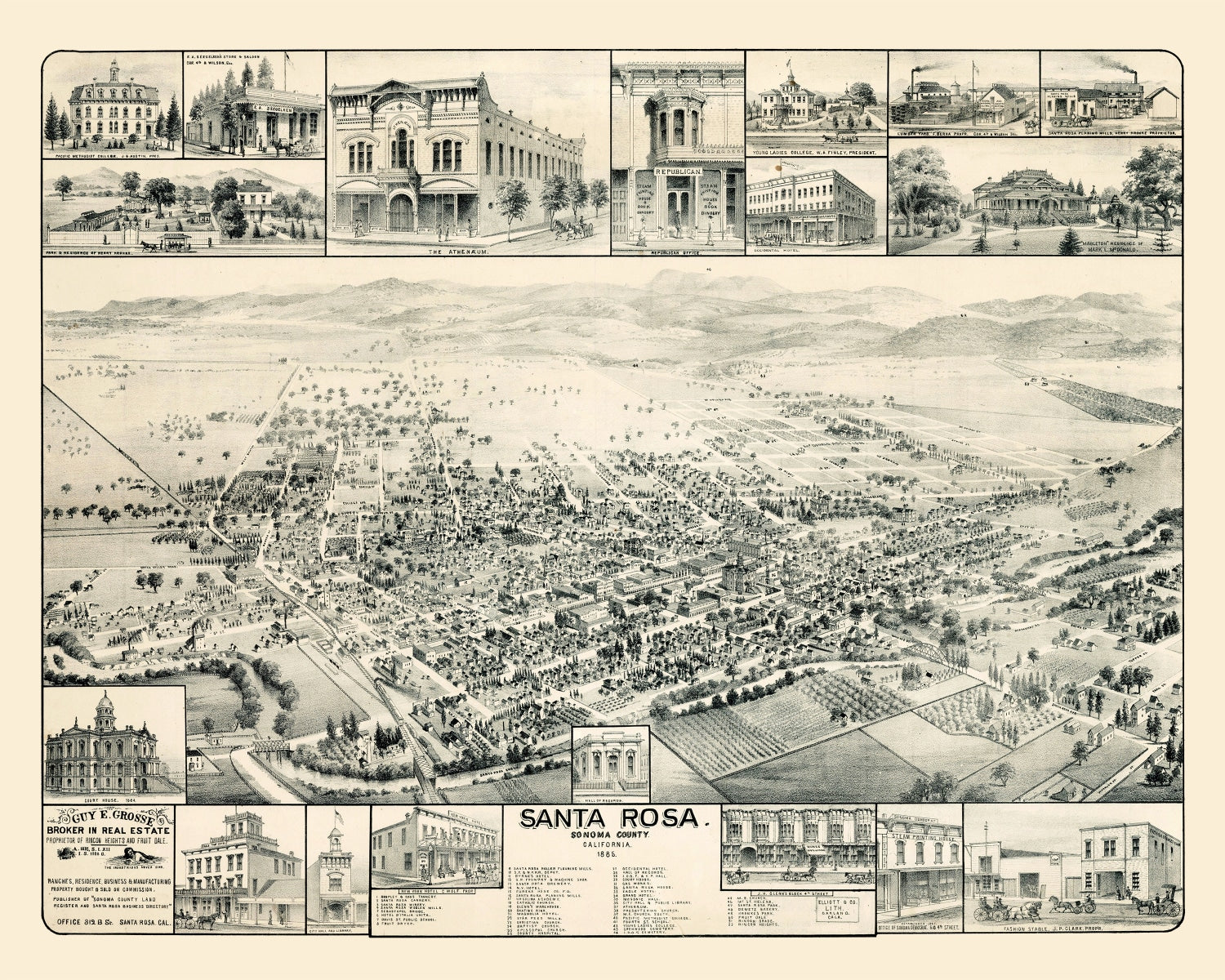 Vintage Map of Santa Rosa, California 1885