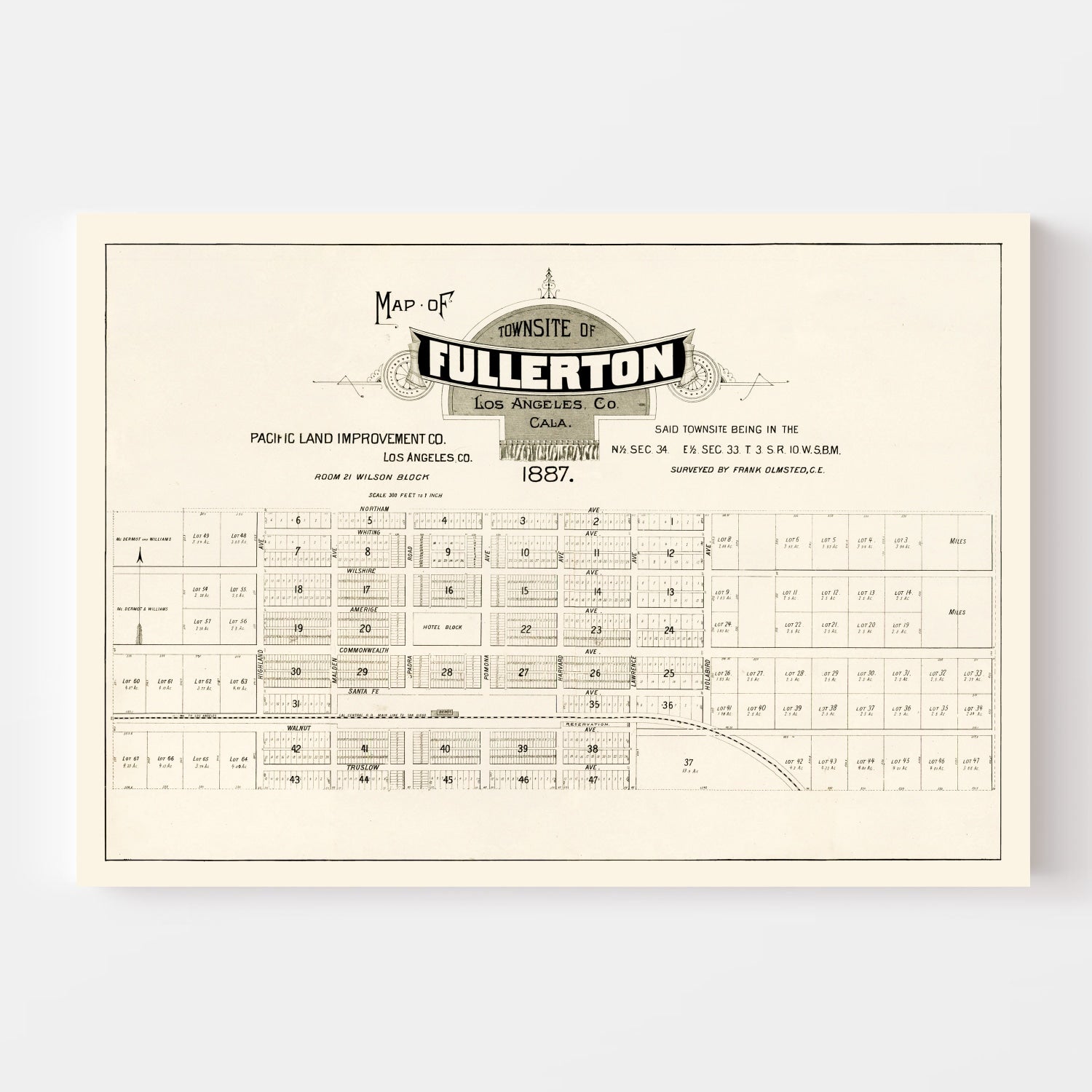 Vintage Map of Fullerton, California 1887