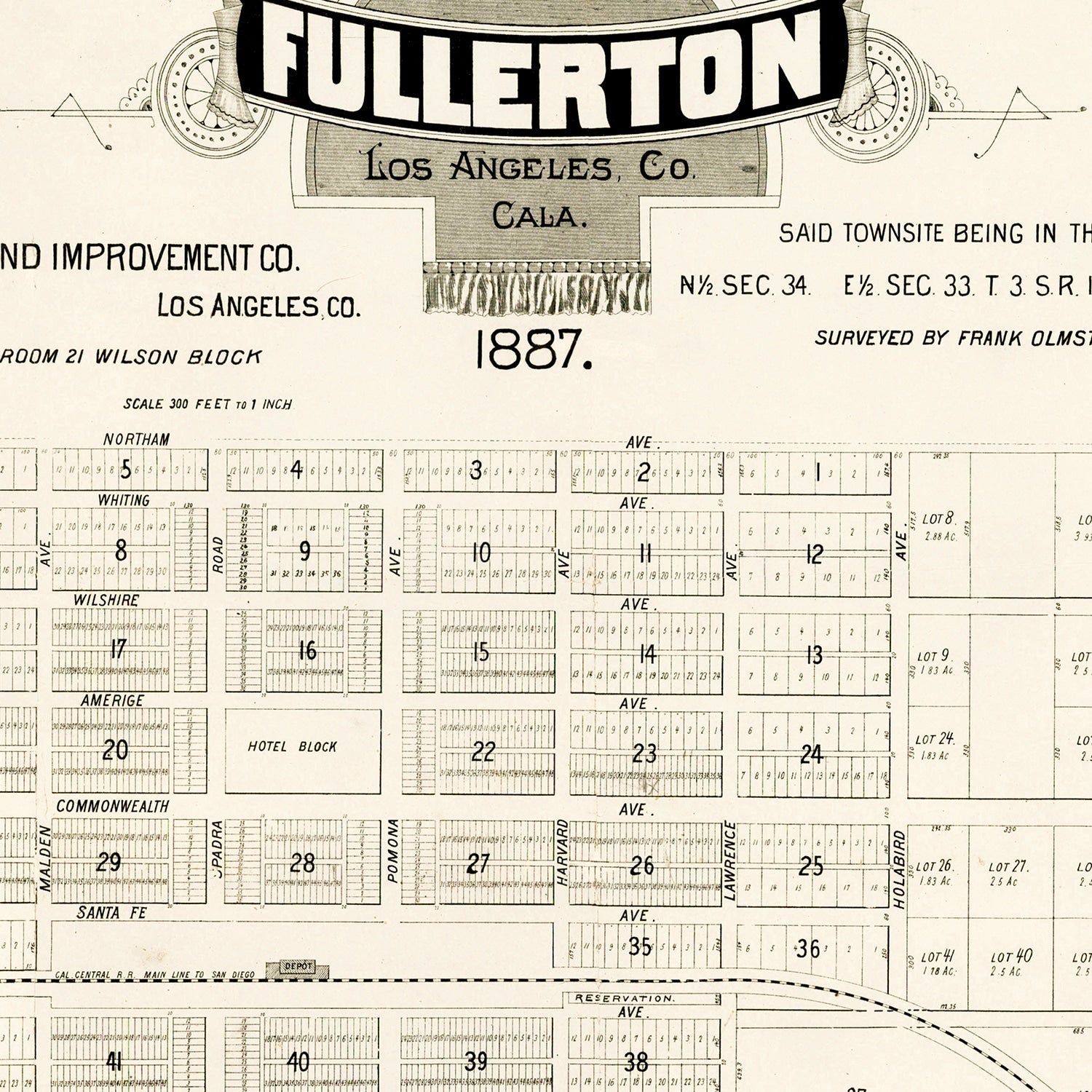 Vintage Map of Fullerton, California 1887
