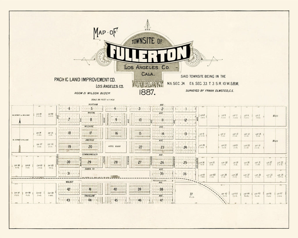 Vintage Map of Fullerton, California 1887