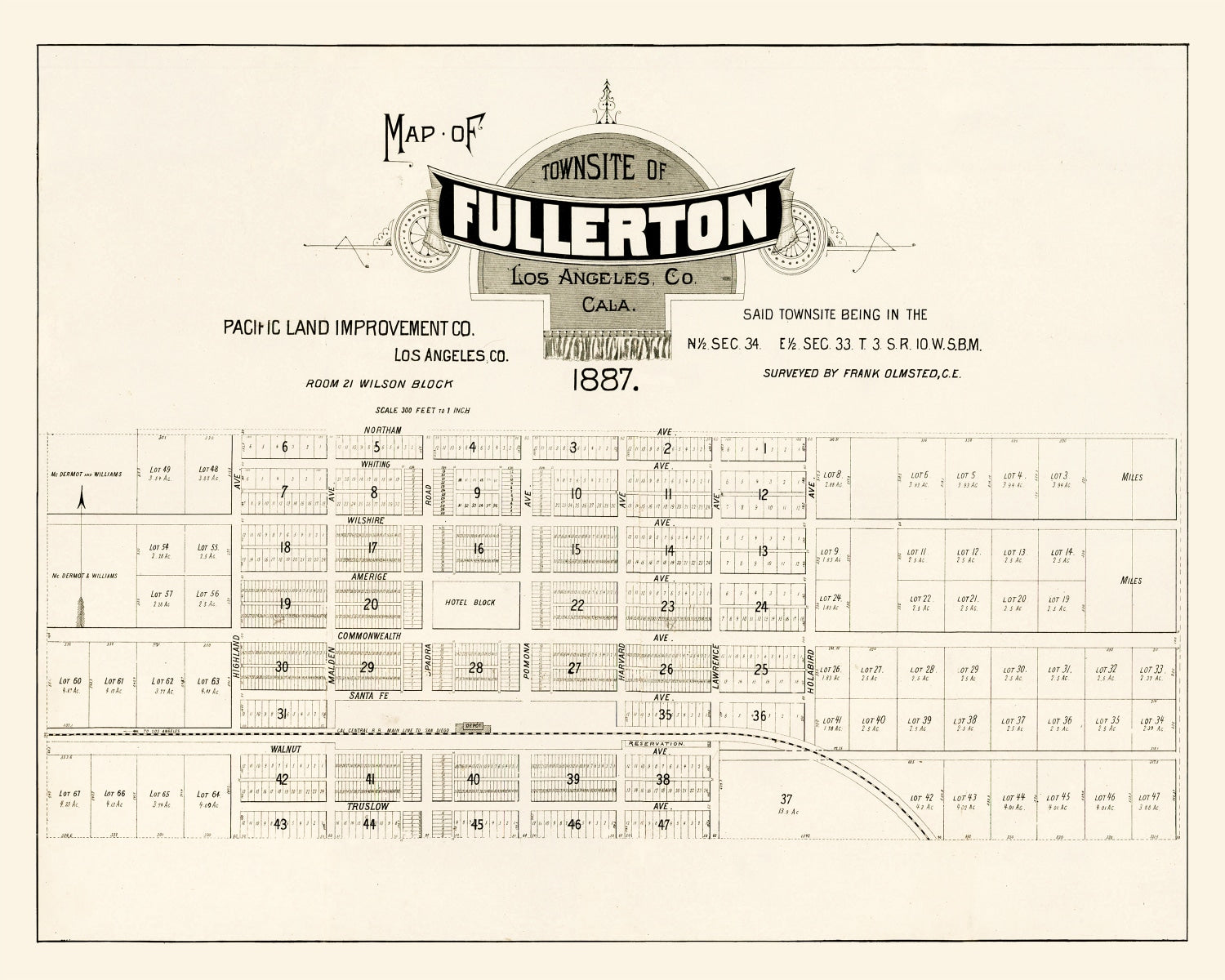 Vintage Map of Fullerton, California 1887