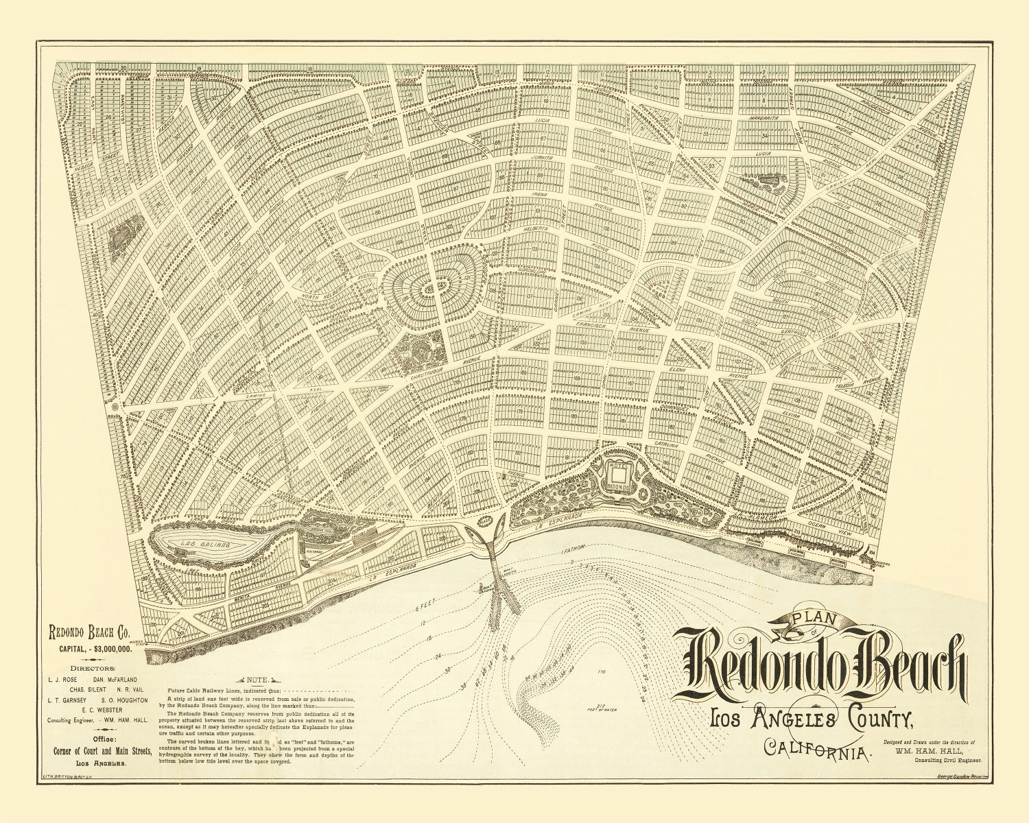 Vintage Map of Redondo Beach, California 1888