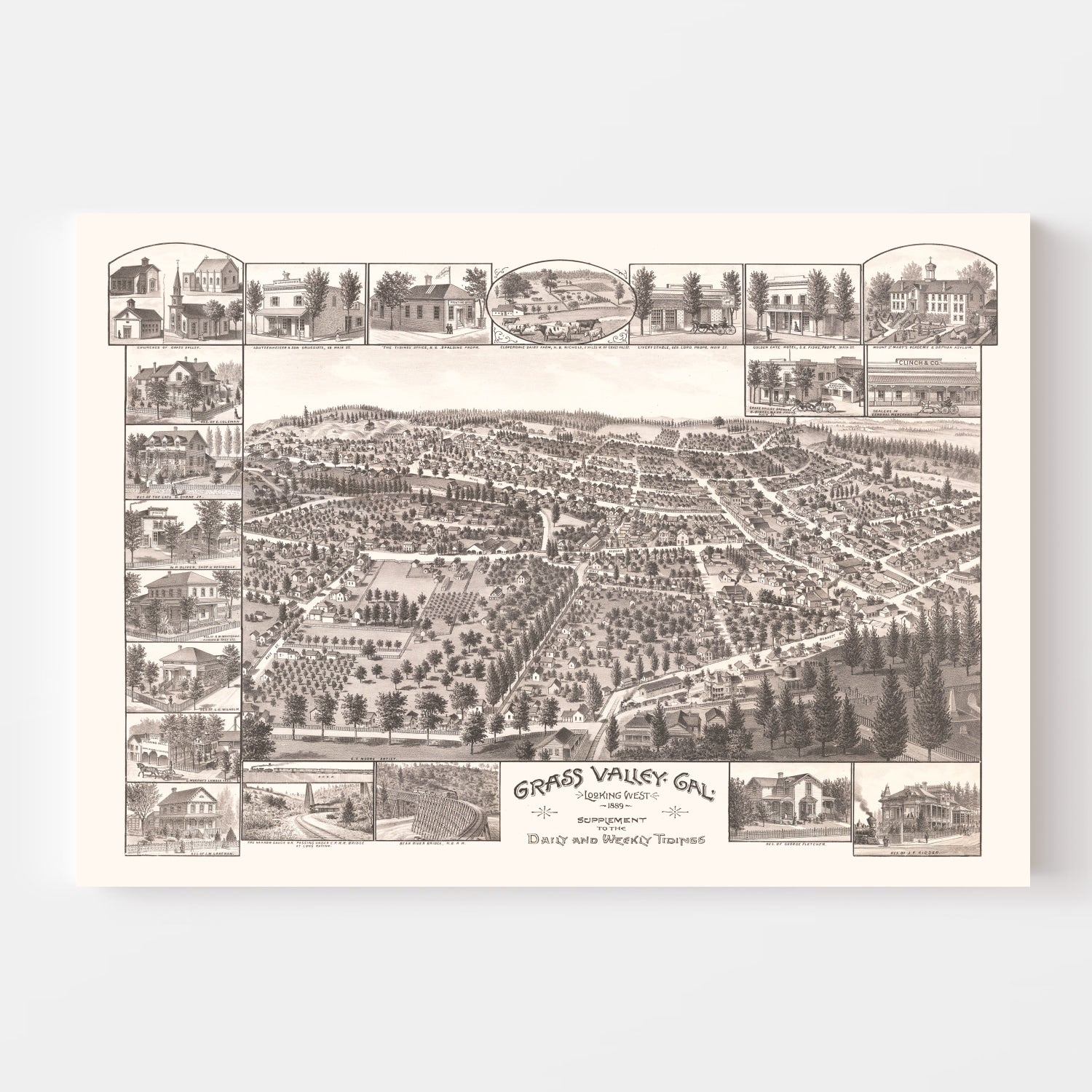 Vintage Map of Grass Valley, California 1889