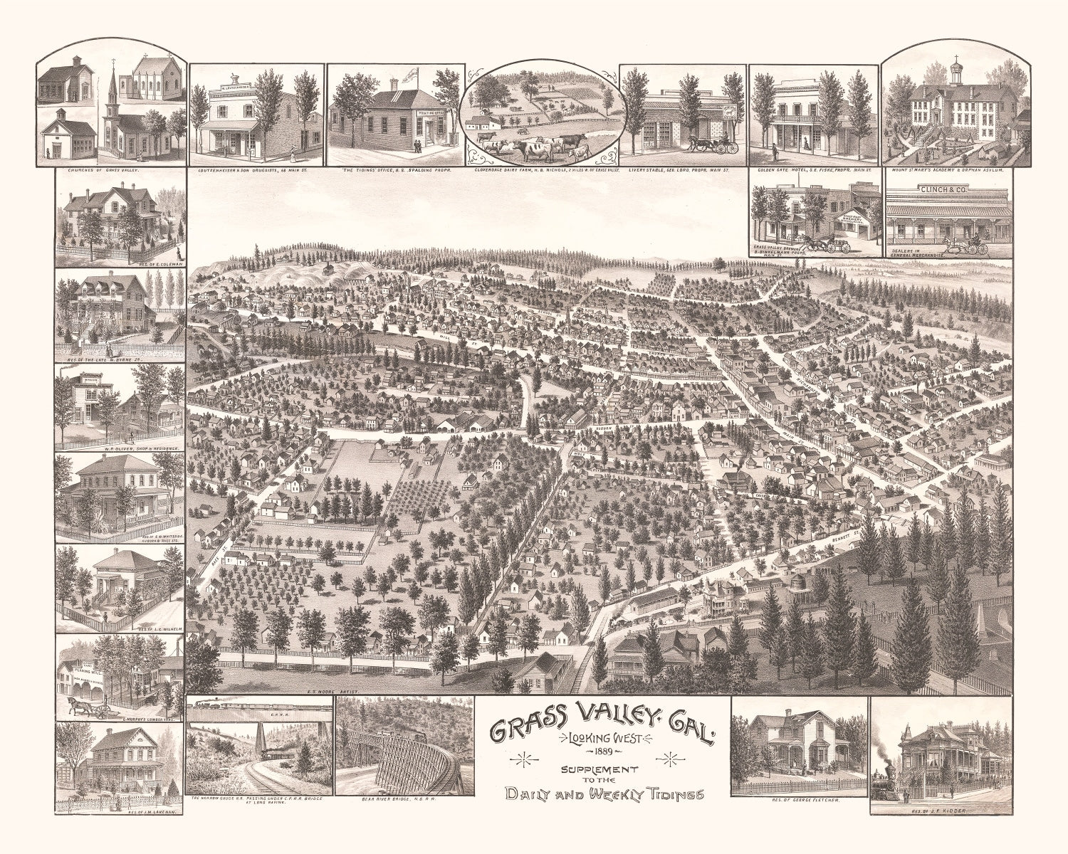 Vintage Map of Grass Valley, California 1889