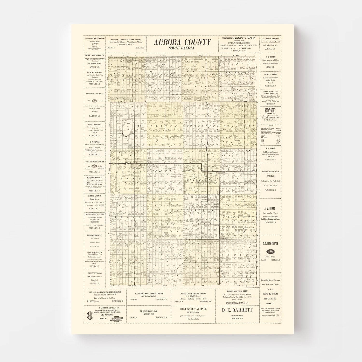 Vintage Map of Aurora County, South Dakota 1930