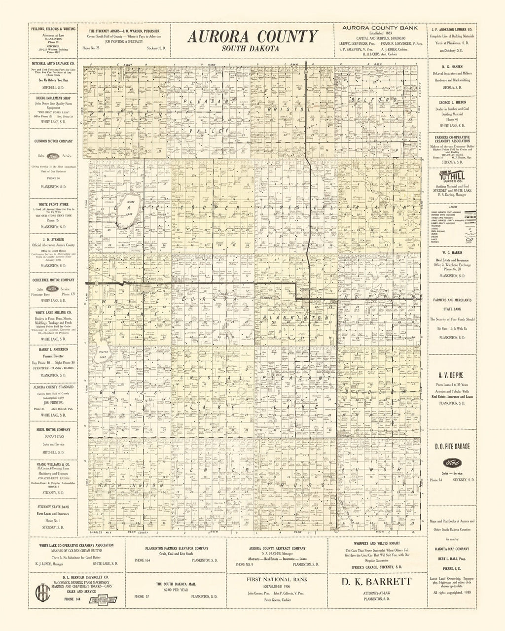 Vintage Map of Aurora County, South Dakota 1930