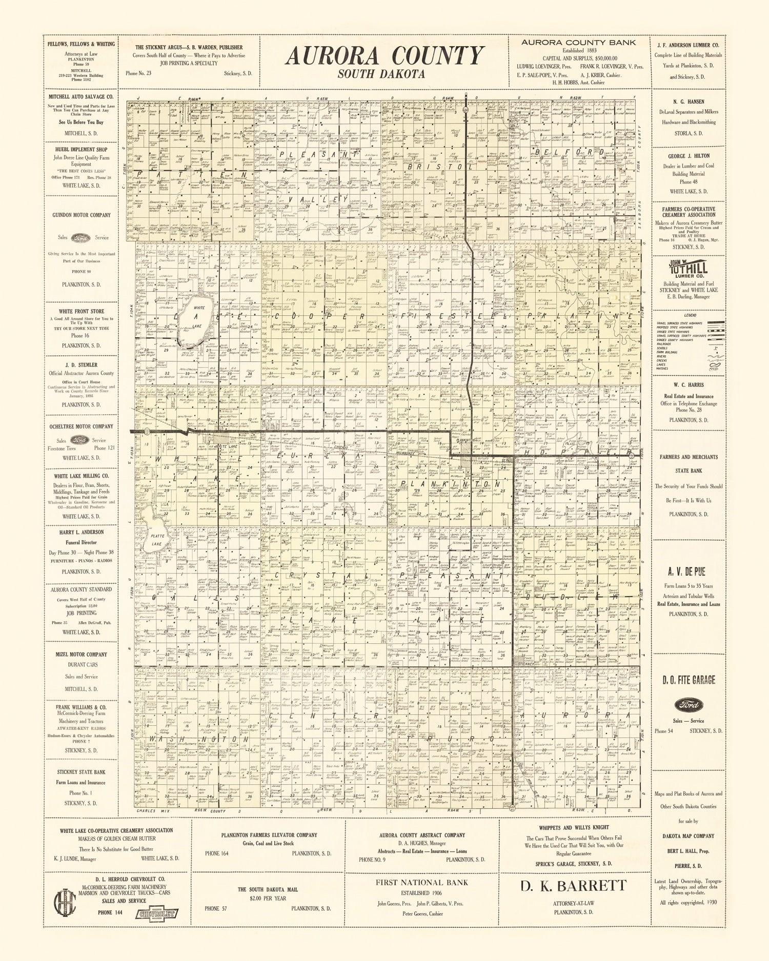 Vintage Map of Aurora County, South Dakota 1930