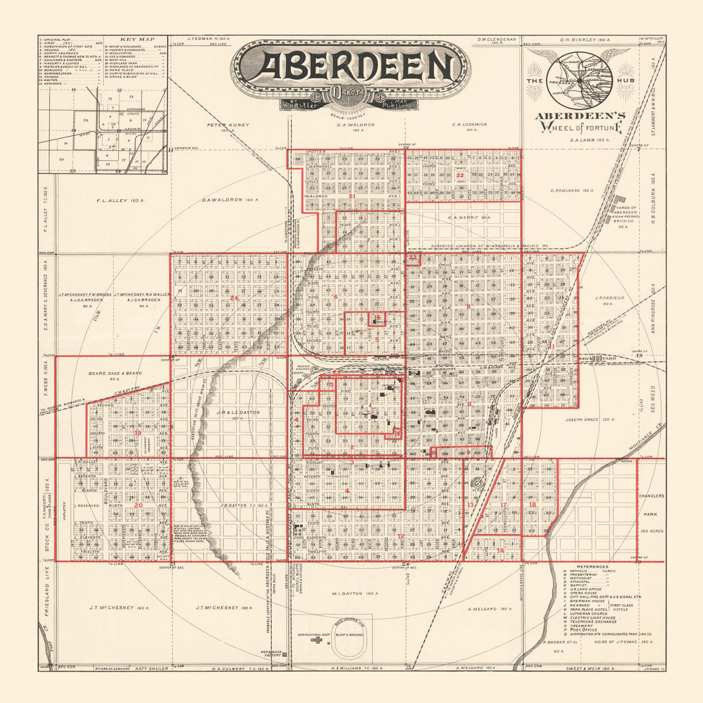 Vintage Map of Aberdeen, South Dakota 1888