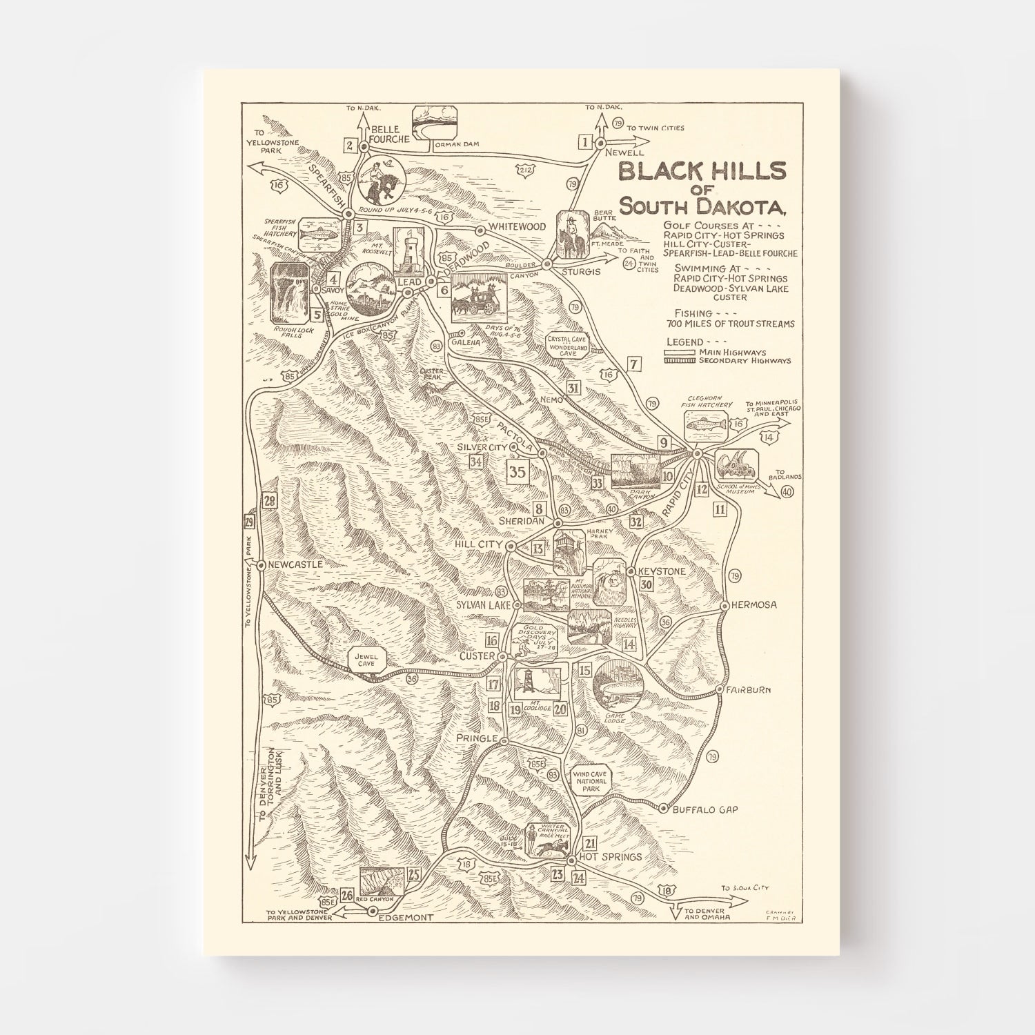 Vintage Black Hills of South Dakota Map 1932