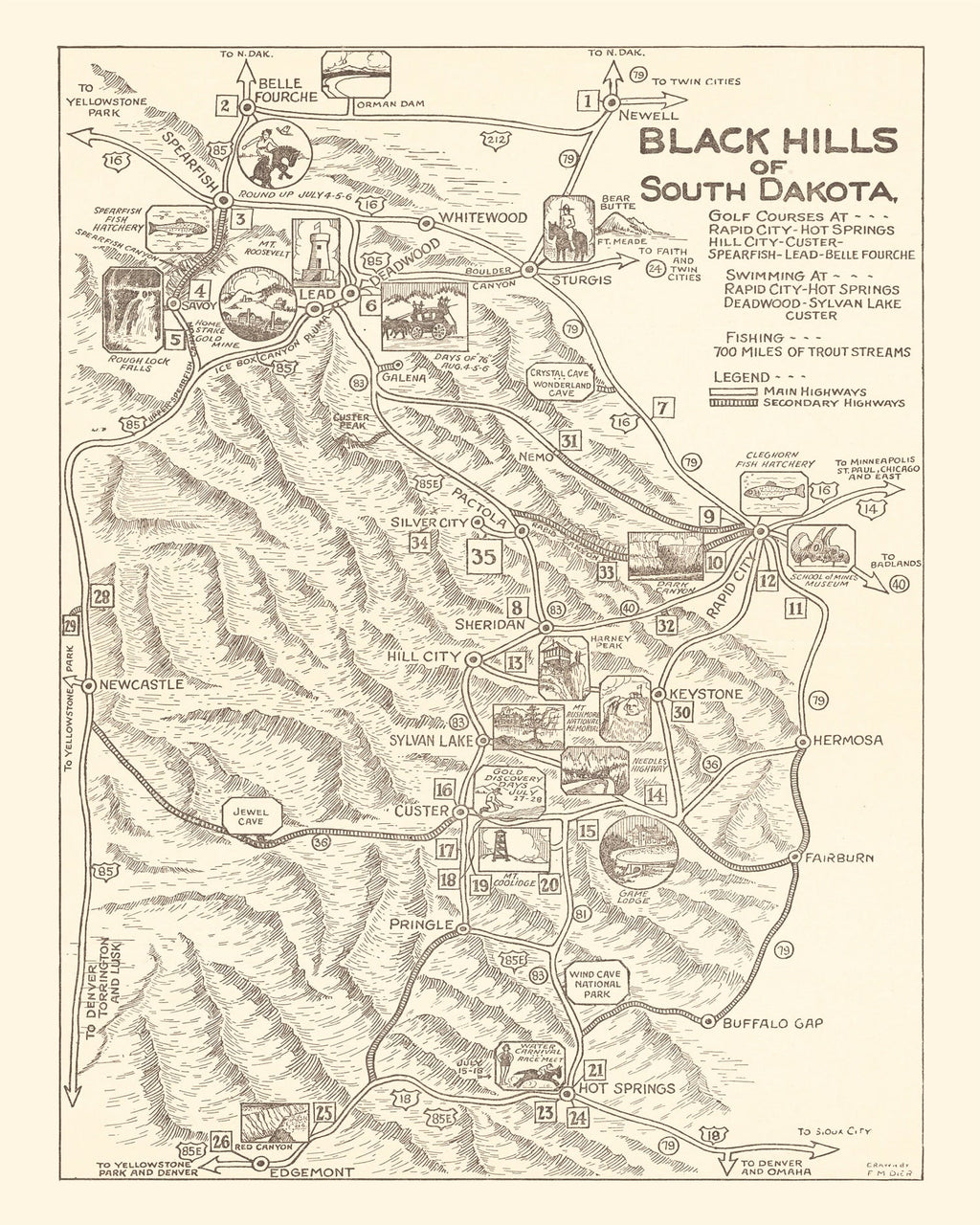 Vintage Black Hills of South Dakota Map 1932