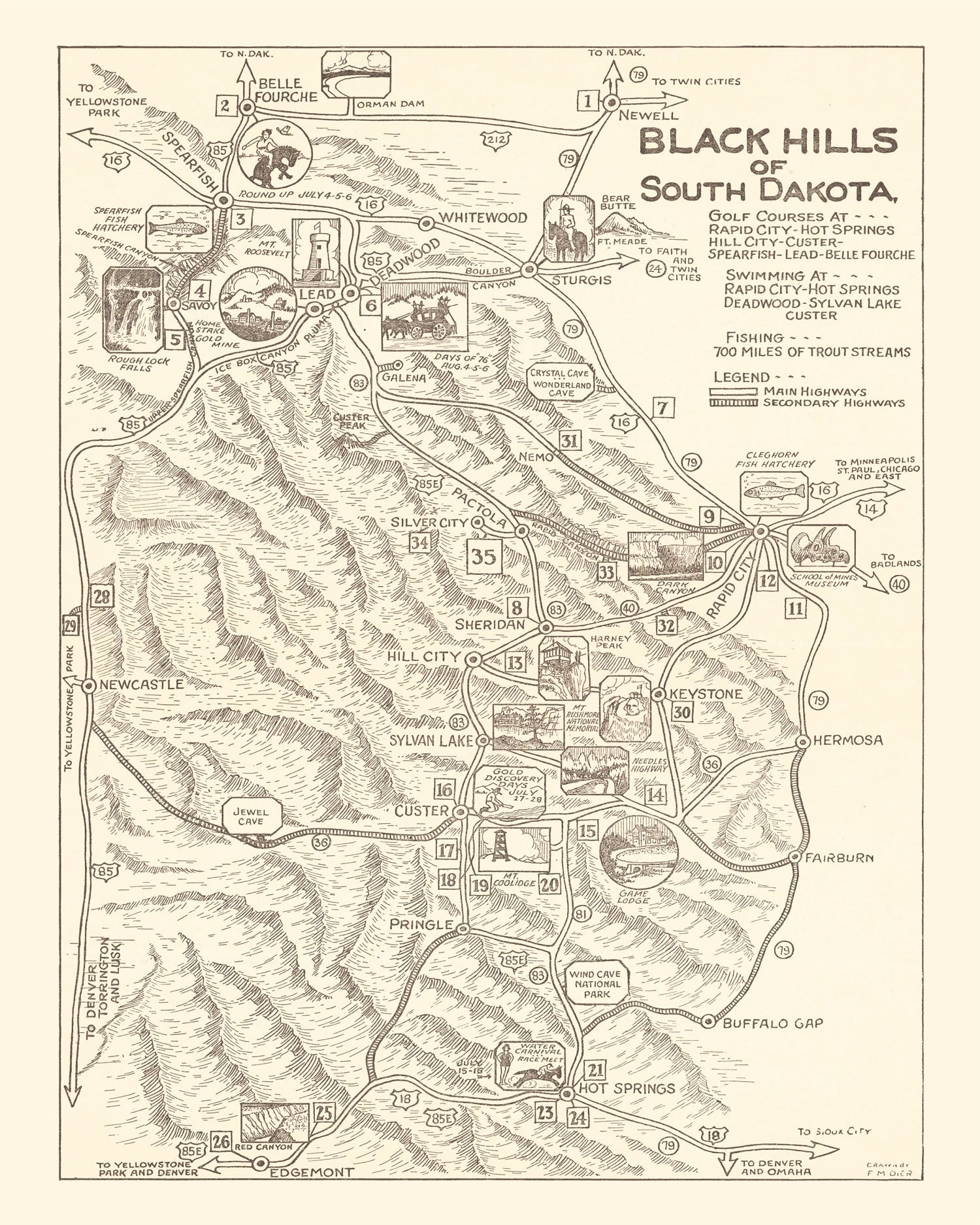 Vintage Black Hills of South Dakota Map 1932