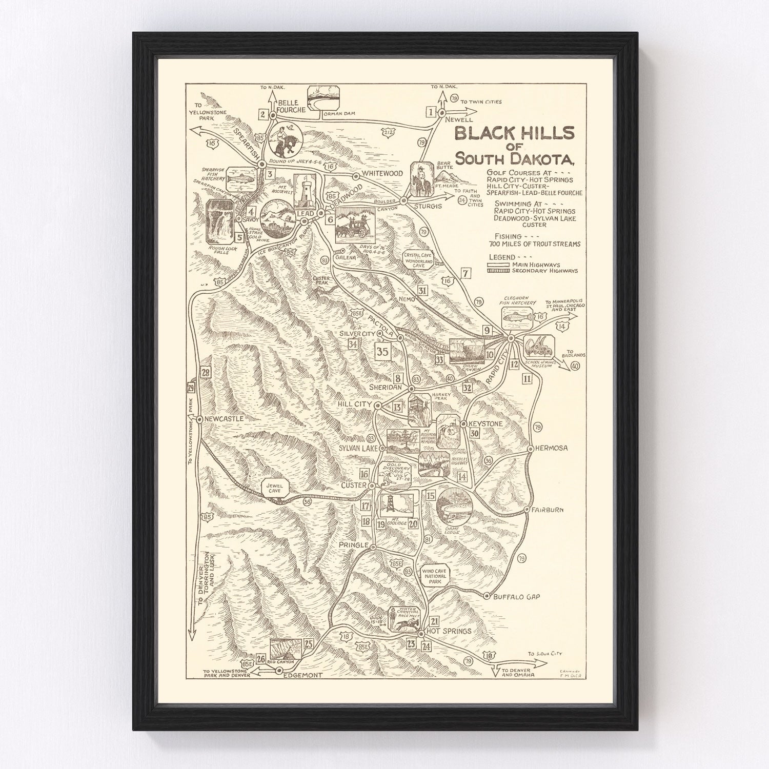 Vintage Black Hills of South Dakota Map 1932