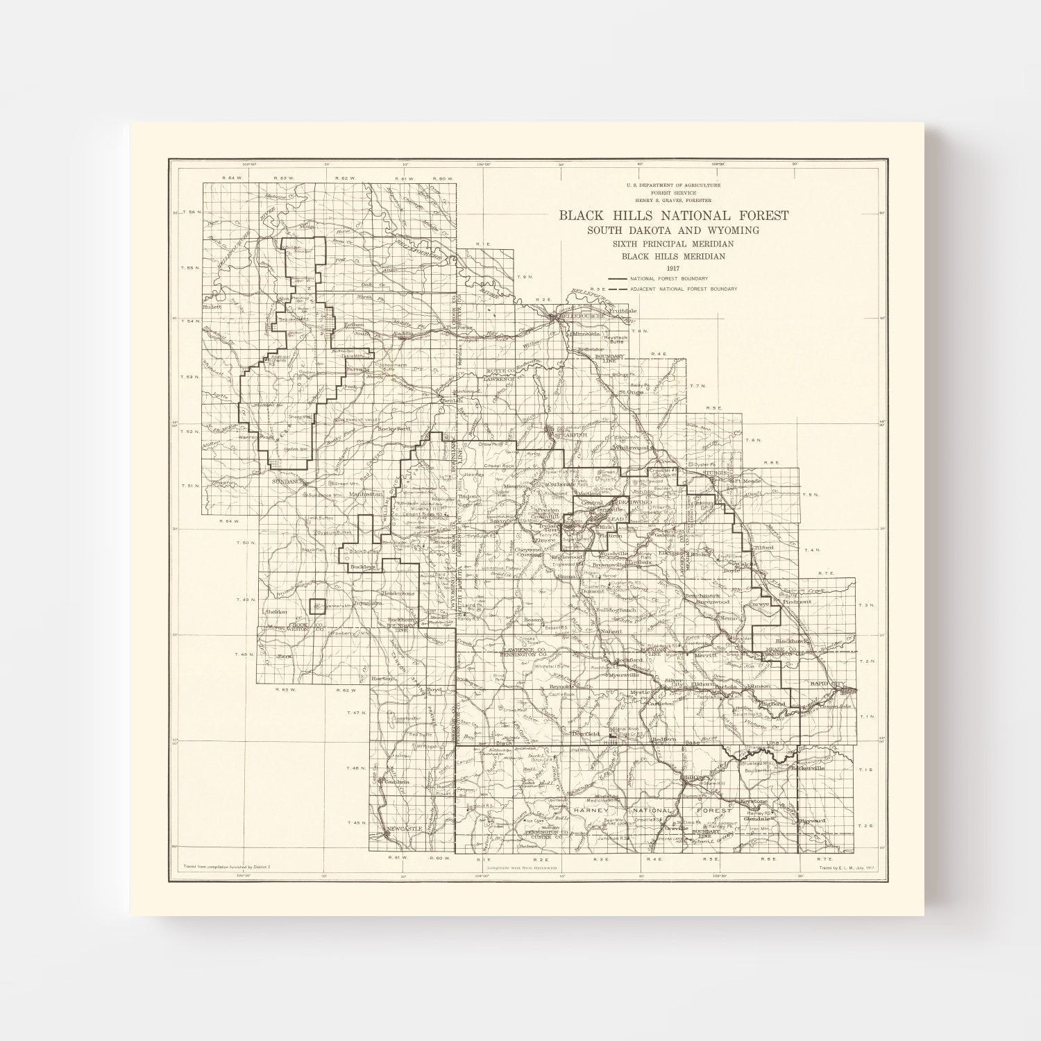 Vintage Black Hills National Forest Map 1917