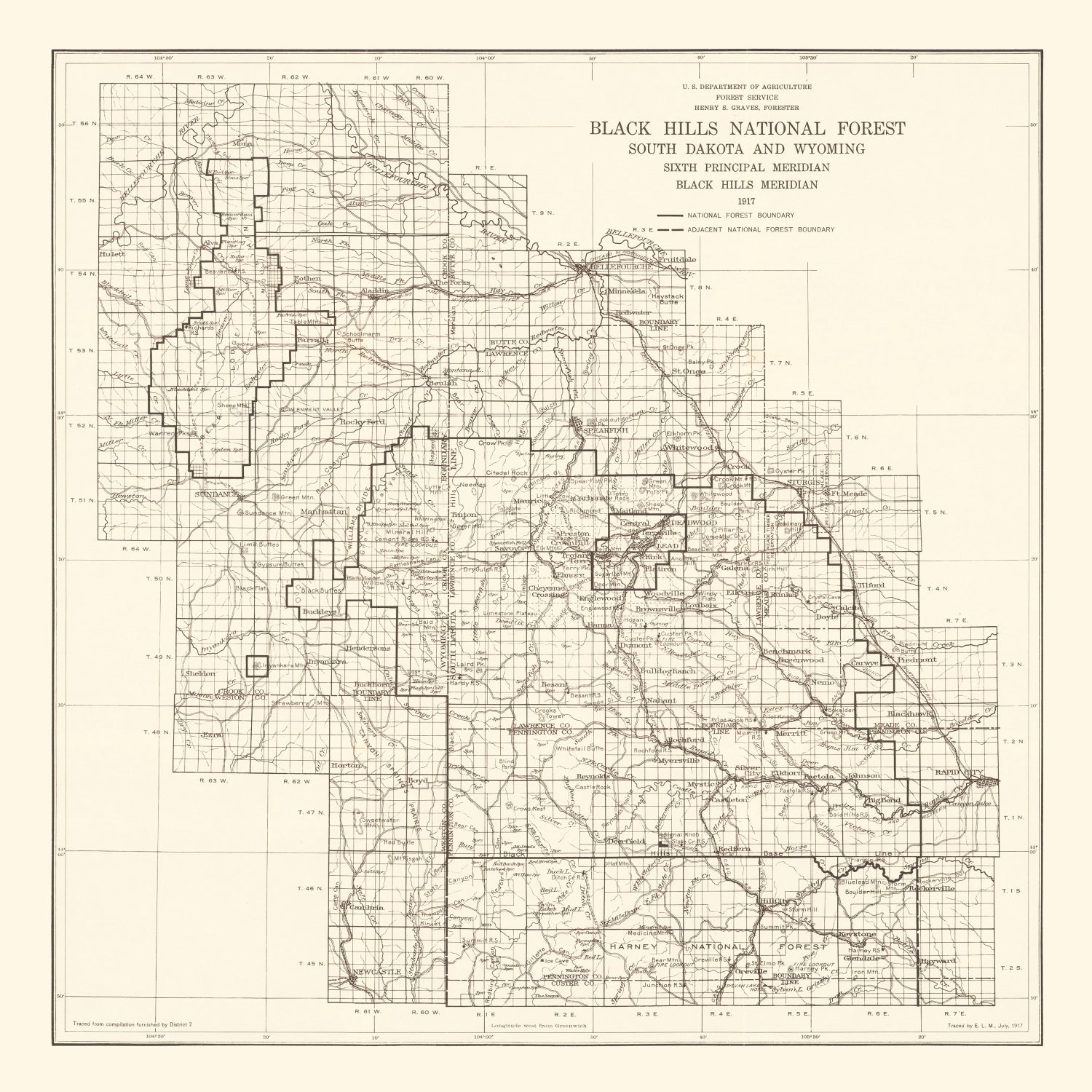Vintage Black Hills National Forest Map 1917