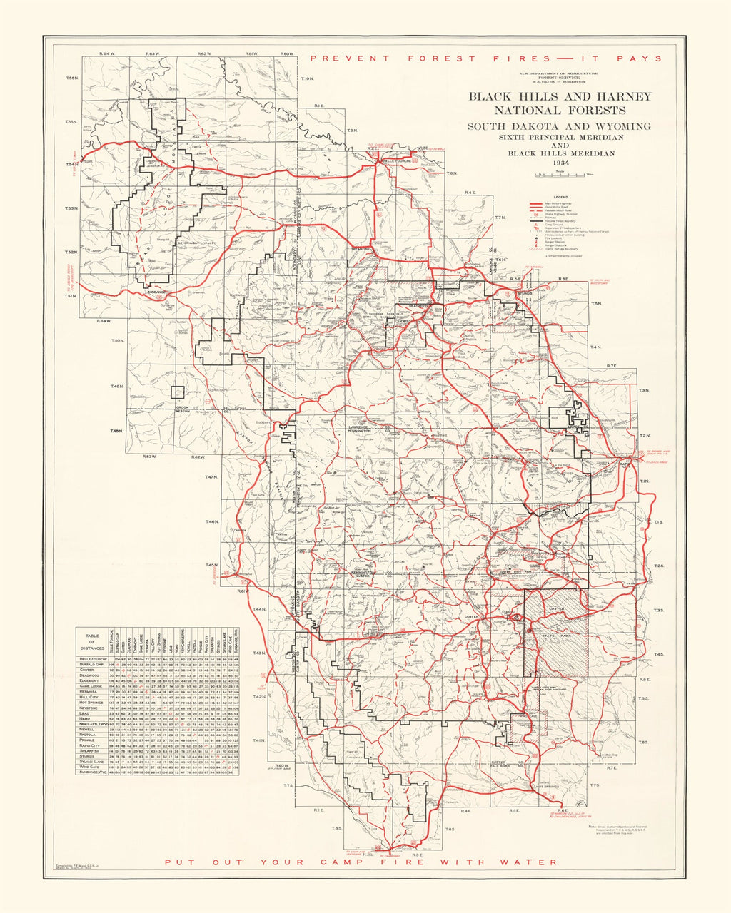 Vintage Black Hills & Harney National Forest Map 1934