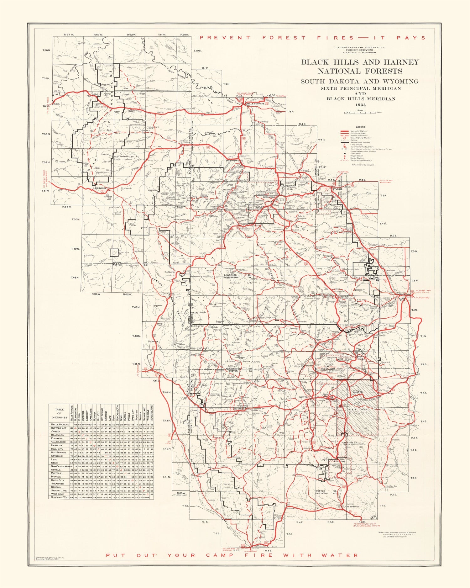 Vintage Black Hills & Harney National Forest Map 1934