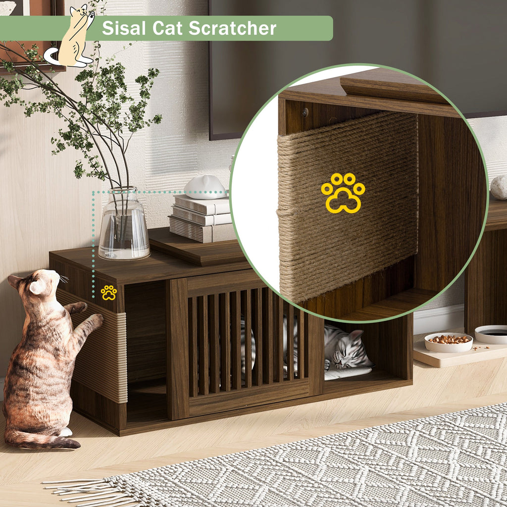 Mid-Century Modern 2 in 1 Cat Furniture Walnut TV Stand With Extendable table,  Litter Box Enclosure with Cat Scratcher