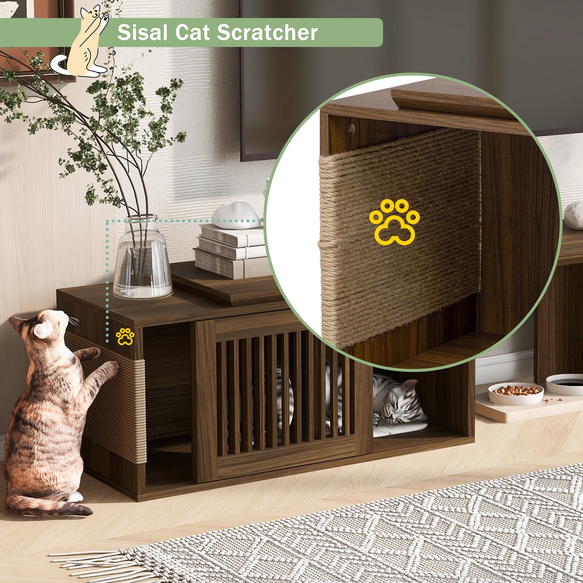 Mid-Century Modern 2 in 1 Cat Furniture Walnut TV Stand With Extendable table,  Litter Box Enclosure with Cat Scratcher