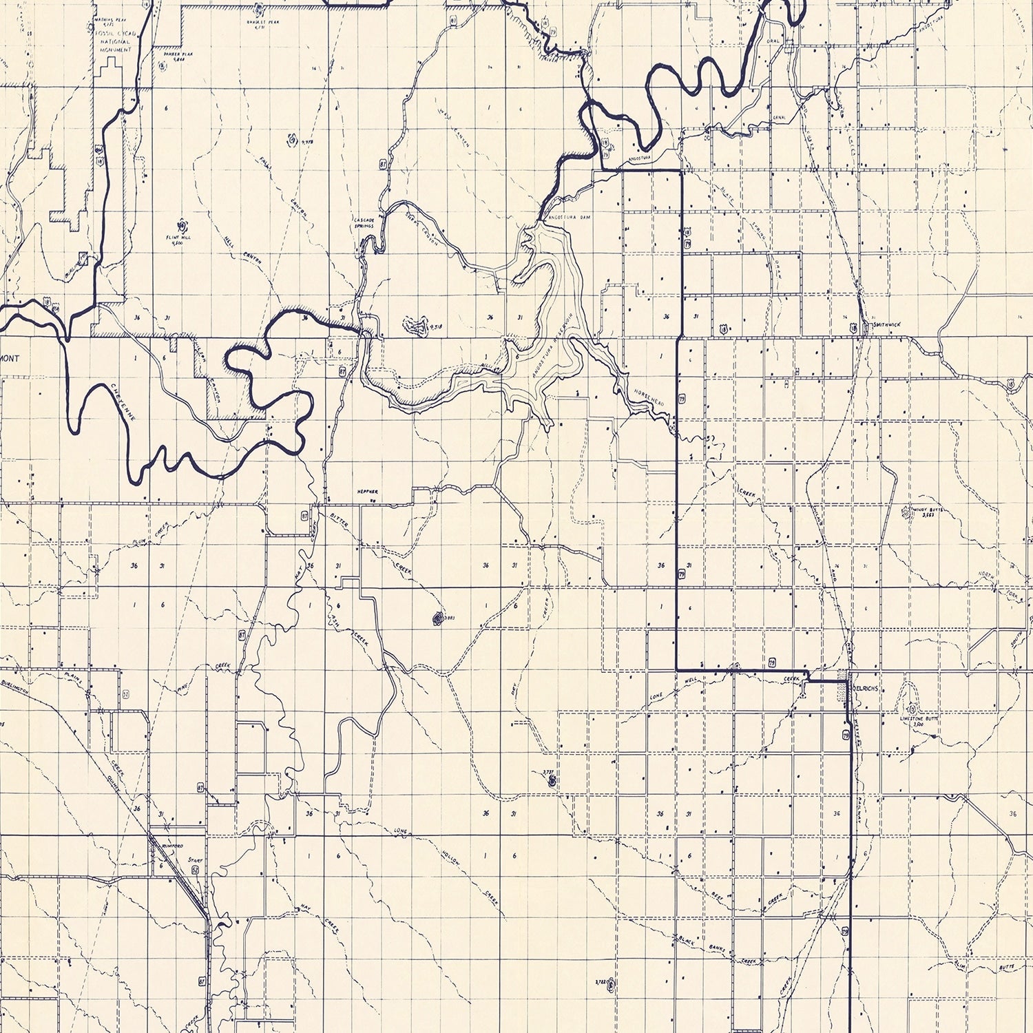 Vintage Map of Fall River County, South Dakota 1951