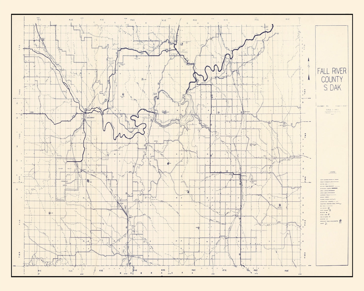 Vintage Map of Fall River County, South Dakota 1951