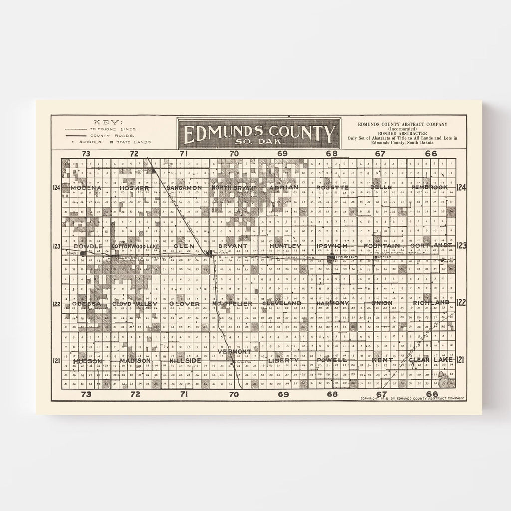 Vintage Map of Edmunds County, South Dakota 1918