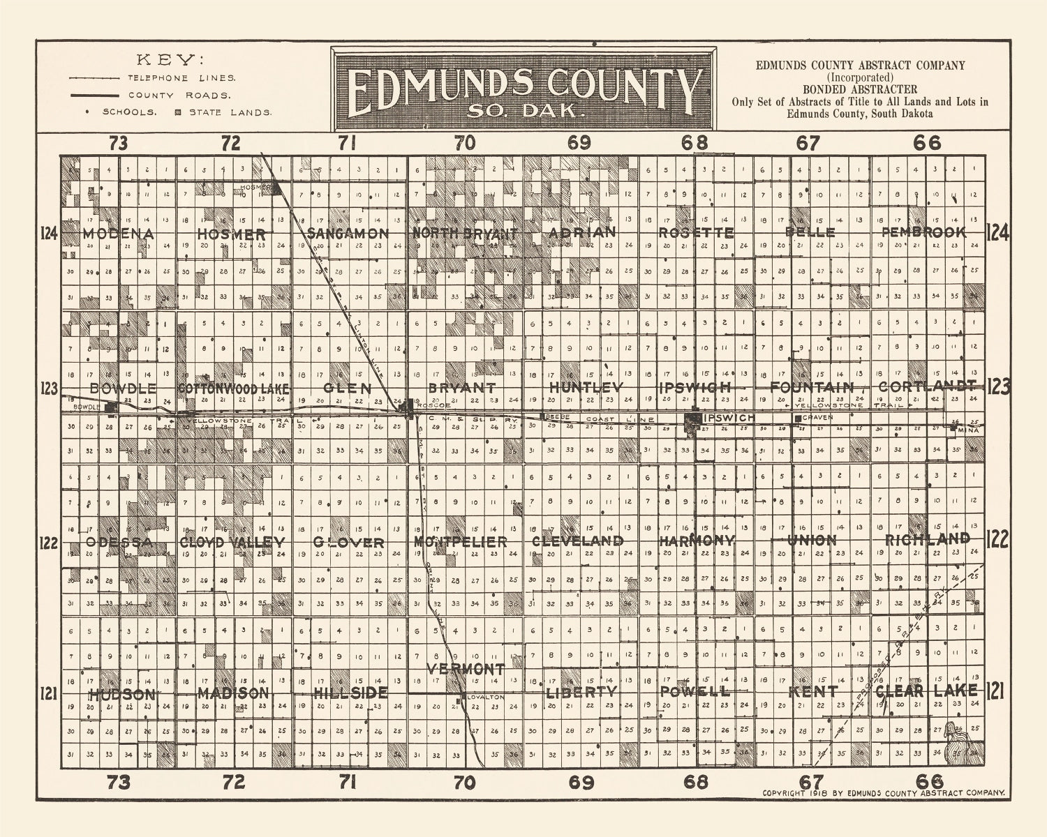 Vintage Map of Edmunds County, South Dakota 1918