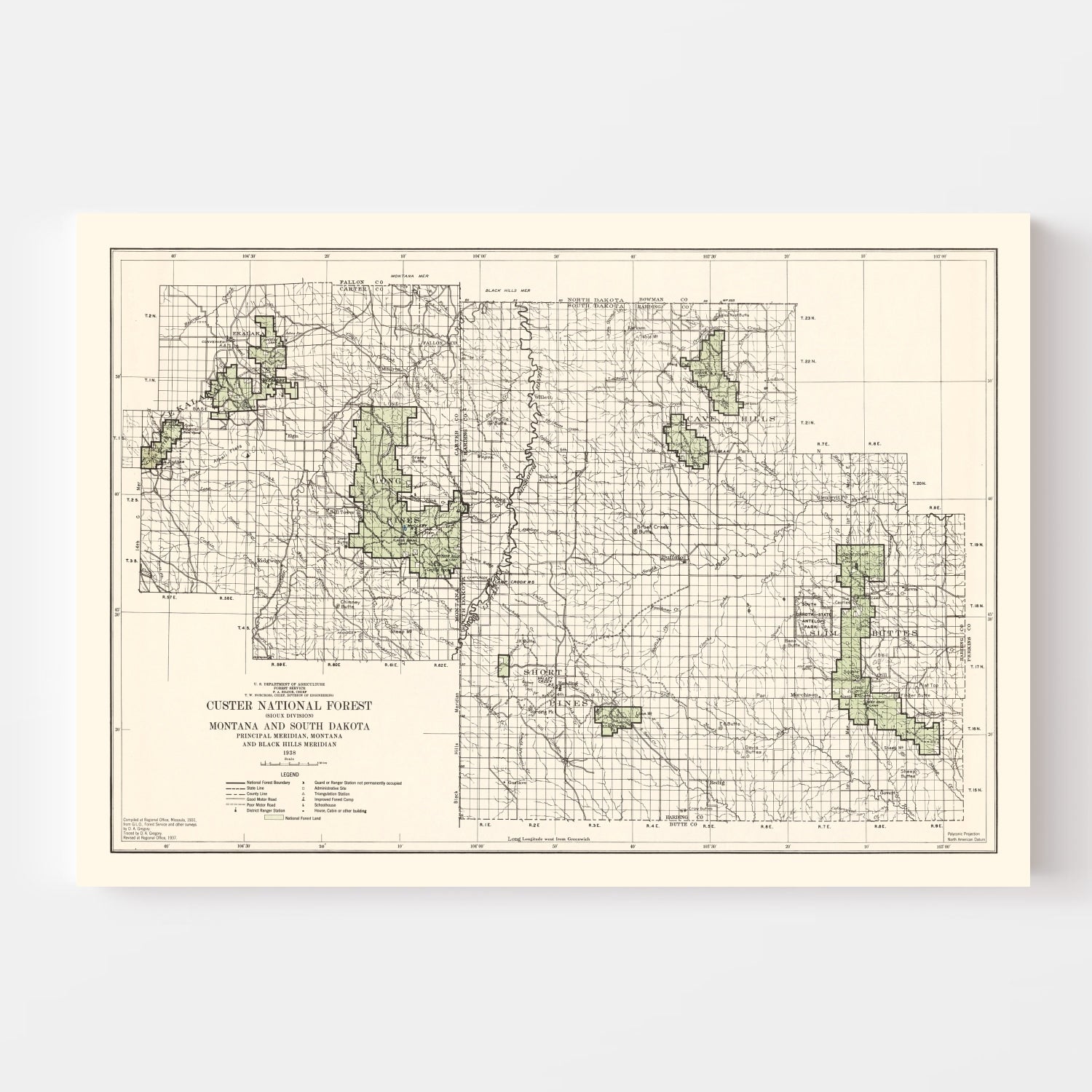 Vintage Custer National Forest Map 1938