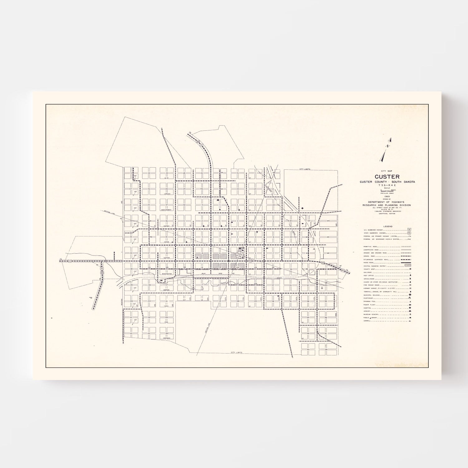 Vintage Map of Custer, South Dakota 1969