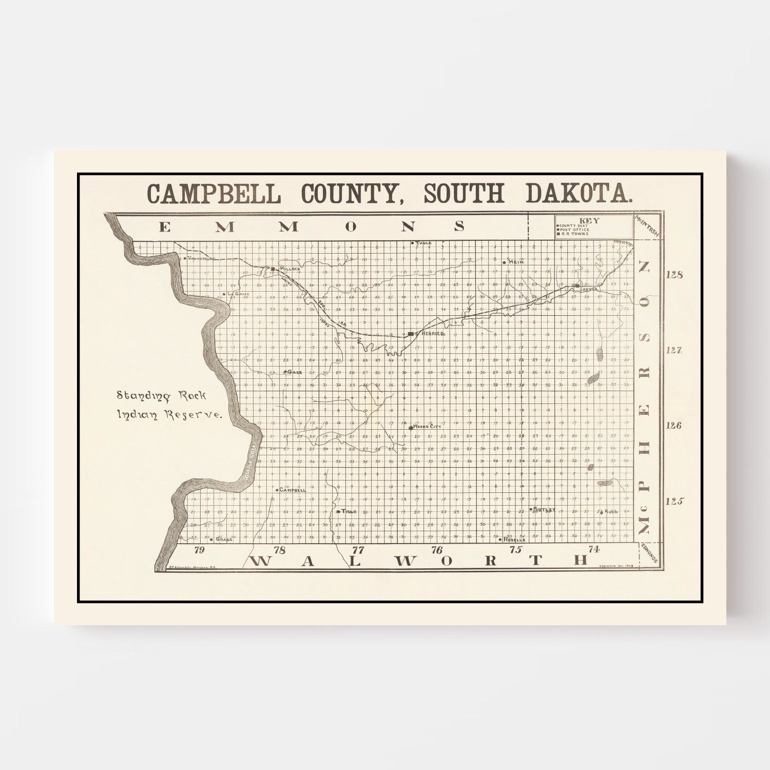 Vintage Map of Campbell County, South Dakota 1908